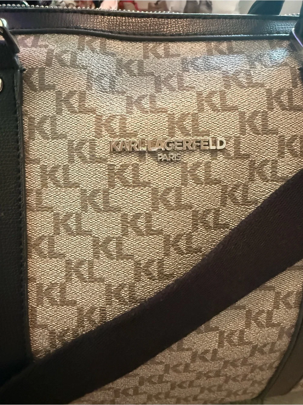 Karl Lagerfeld Beige Monogram Duffel with Black Trim